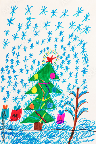 Decorated Christmas tree and falling snowflakes. Real drawing of a small child. Drawing by pencil.