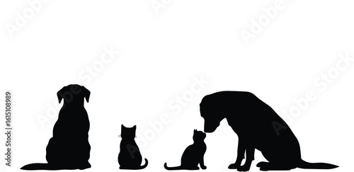 Vector silhouette illustration a dog curiously sniffing a small kitten while another kitten sits nearby