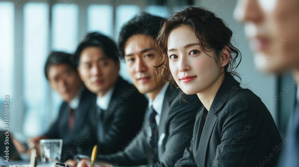 © Tina - A group of five Asian professionals in business attire engaged in a meeting. A young woman with long black hair smiles at the camera. The setting is modern and bright. © Tina - A group of five Asian professionals in business attire engaged in a meeting. A young woman with long black hair smiles at the camera. The setting is modern and bright.