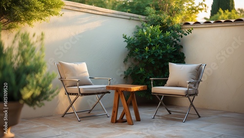Relaxing Outdoor Patio with Modern Lounge Chairs and Wooden Side Table on a Sunny Evening Terrace