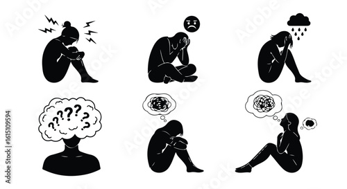 Vector silhouette illustration silhouettes of people in distress, conveying emotions of sadness and depression with thought bubbles
