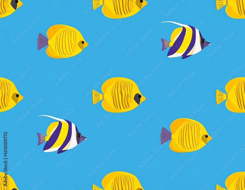 Fototapeta premium Repeating pattern of yellow and purple fish on a light blue background