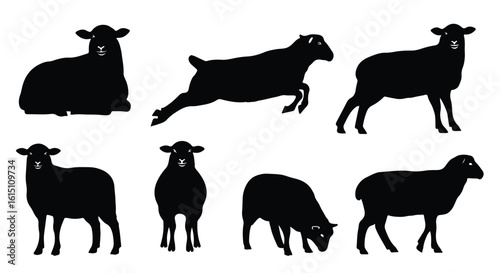 Silhouette vector set a collection of black sheep silhouettes in various poses, including jumping, standing, and grazing