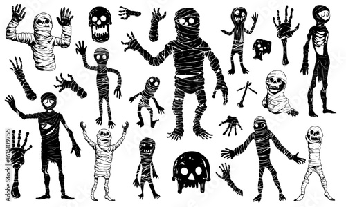 Cute monster halloween mummy set. Collection of vector character  2d animation.  Vector illustration doodle linocut style cartoon hand drawn.
