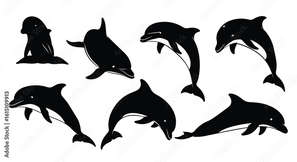 Naklejka premium Silhouette vector set a dynamic group of dolphins leaping and swimming gracefully in the ocean, captured in a striking silhouette