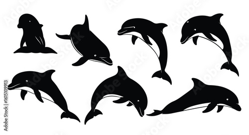 Silhouette vector set a dynamic group of dolphins leaping and swimming gracefully in the ocean, captured in a striking silhouette
