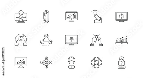 Vector silhouette illustration a grid of technology and digital icons representing data, connectivity, and automation