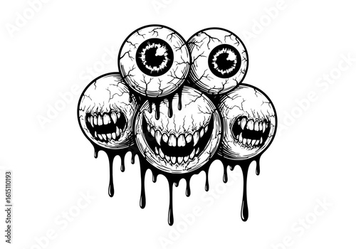 Vector art of a cluster of creepy, dripping eyeballs with monstrous grins