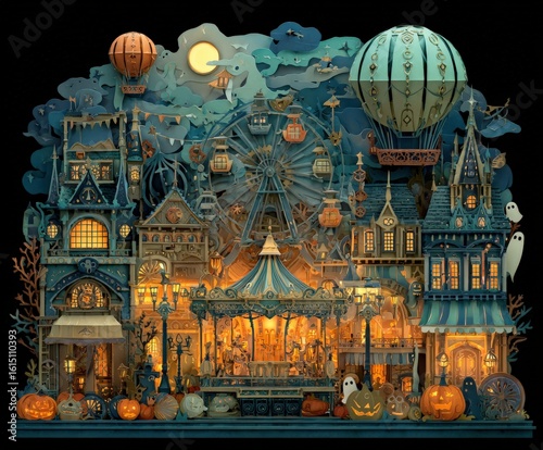 An enchanting evening amusement park featuring a Ferris wheel, hot air balloons, carousel, and halloween decor. The scene glows with warm light, creating a magical atmosphere