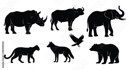 Vector silhouette illustration a collection of african wildlife silhouettes including a buffalo, rhino, wolf, and eagle