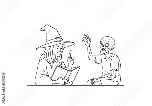 Vector art of a witch reads a spellbook to a zombie