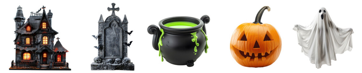 set of decorative halloween objects: cauldron, ghost, witch house castle, pumpkin, tombstone, isolated on white or transparent png