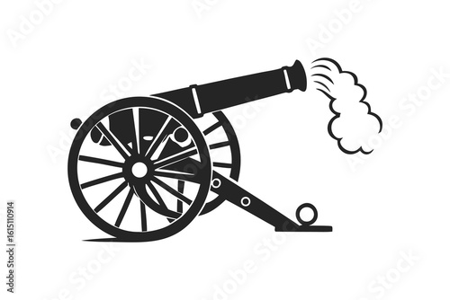 Historical cannon firing smoke from barrel silhouette isolated on white background