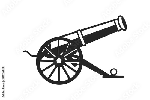 Historical cannon silhouette with large spoked wheels and barrel aimed forward isolated on white background