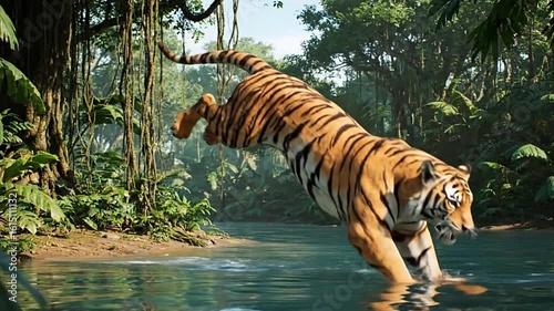 A tiger leaps across a river in a lush green jungle environment