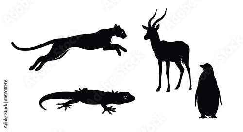 Vector silhouette illustration dynamic silhouettes of a leaping panther, an antelope, and a lizard