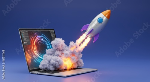 Innovative Digital Transformation Exploding from a Laptop with a Rocket Launching into the Digital Universe symbolizing business growth and technological advancement