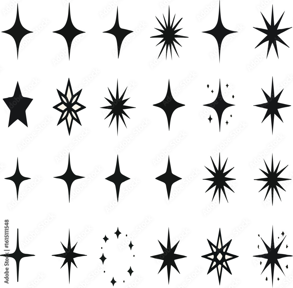 Obraz premium Black Sparkle and Starburst Icon Set – Minimalist Twinkle Symbols for Light, Magic, and Decoration