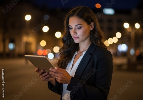 Focused young woman engaged with digital tablet under soft city lights at dusk