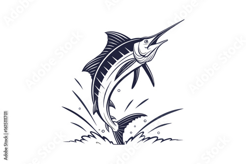Dynamic silhouette of a marlin leaping from the water during a fishing expedition isolated on white background