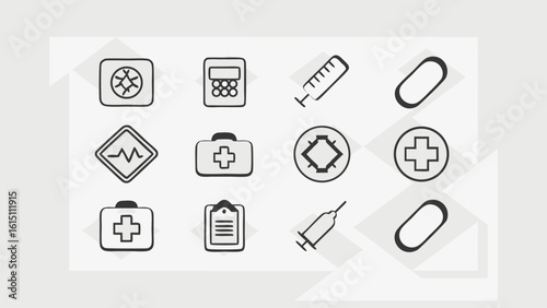 Clean medical icons:  hand-drawn style, healthcare symbols, first aid kit, syringe, pill,  ECG,  modern minimalist design,  clean lines,  simple vector graphics.