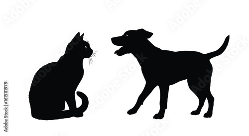 Vector silhouette illustration a black cat and dog silhouette facing each other in a tense standoff, isolated on white