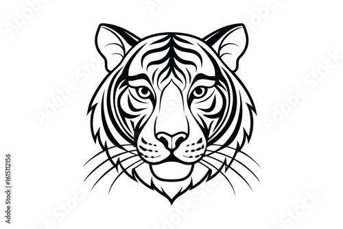 Close up front view of a fierce tiger head in a bold black outline silhouette isolated on white background