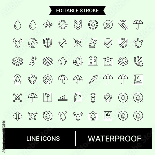 Collection of line icons representing waterproof features and water resistance water resistant water drop