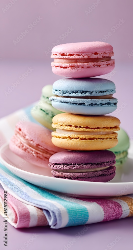 Fototapeta premium Colorful pastel macarons stacked on a plate with striped fabric background