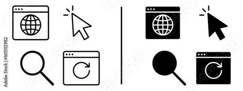 Digital Icons of Global Connectivity: A collection of meticulously crafted digital icons in a modern, minimalist style, representing the core functions of online interaction and the world wide web.