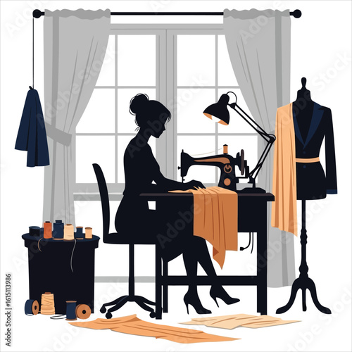 Vector art of silhouette vector of a dressmaker working at her sewing machine in a bright studio with natural light