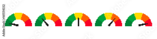 MobileSet of Gauge templates in pixel art style. Colorful level indicators with varying pointers. Meter, progress, labels. Isolated on white background.
