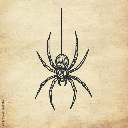 Vector engraved spider hanging from silk thread. Perfect for spooky Halloween projects and vintage horror clipart.