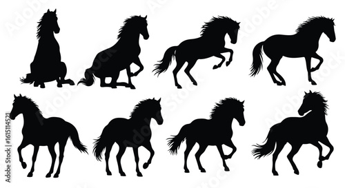 Silhouette vector set four dynamic black horse silhouettes in various poses against a stark white background
