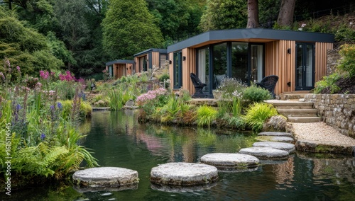 Serene garden scene with modern cabins nestled among lush greenery and a tranquil pond crossed by stepping stones