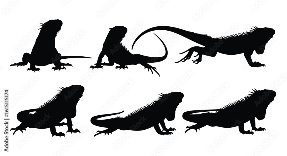 Naklejka premium Silhouette vector set a collection of black iguana silhouettes in various poses on a white background