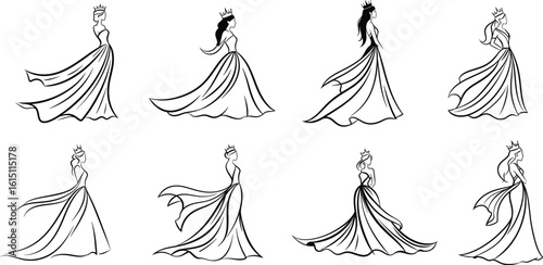 Set of Elegant Women Silhouettes in Flowing Dresses – Fashion and Bridal Vector Illustration