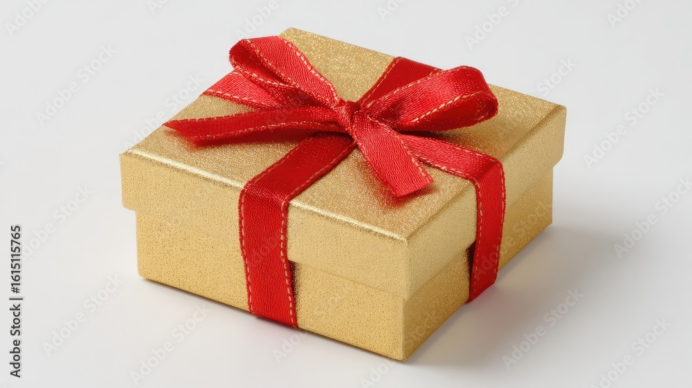 Obraz premium Golden gift box with red ribbon bow, elegant and festive, symbolizing luxury and celebration