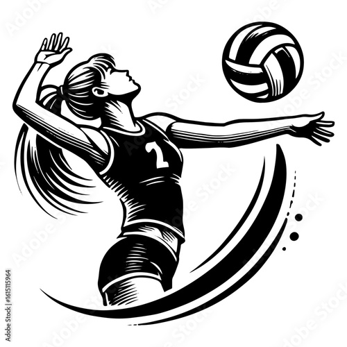 Female Athlete Launches A Powerful Jump Serve With Flowing Ponytail