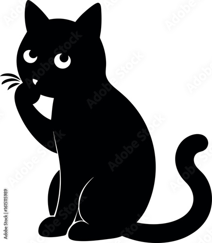 Black Cat Sitting and Licking Paw Isolated on White