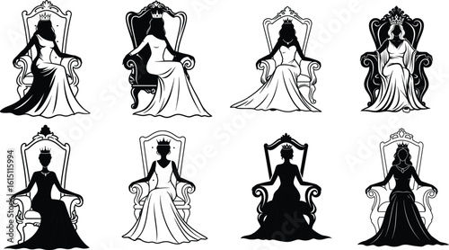Elegant Queen Silhouettes Sitting on Throne – Royal Woman in Gown Vector Set