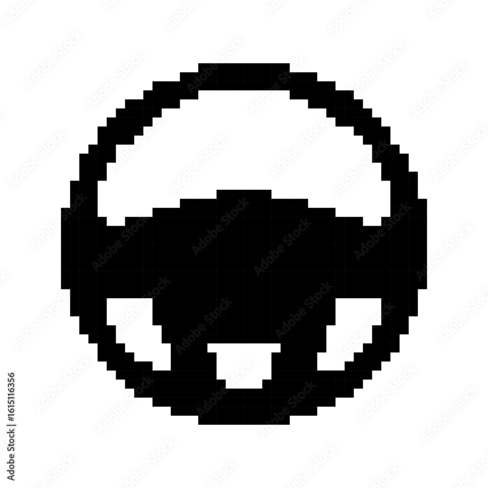 Fototapeta premium Steering Wheel templates in pixel art style. Black solid vehicle control symbol. Car, boat, labels. Isolated on white background.
