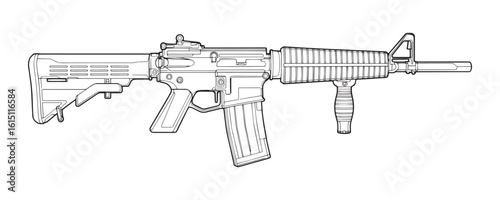 Line drawing of an AR-15 style assault rifle, showing detailed components.