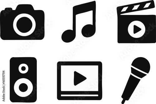 Media production equipment icons camera music video speaker microphone clapperboard multimedia content creation