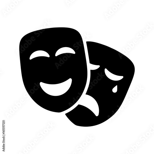 Set of Comedy and Tragedy Mask templates in silhouette style. Black solid theater symbols. Drama, acting, labels. Isolated on white background.