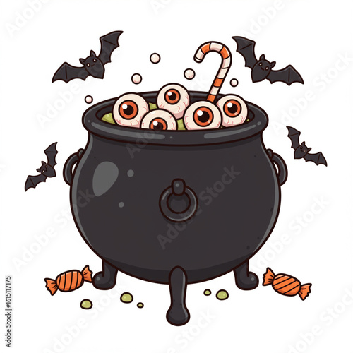 Spooky Cute Halloween: Cartoon Cauldron with Eyeballs and Candy Bats in 8k.