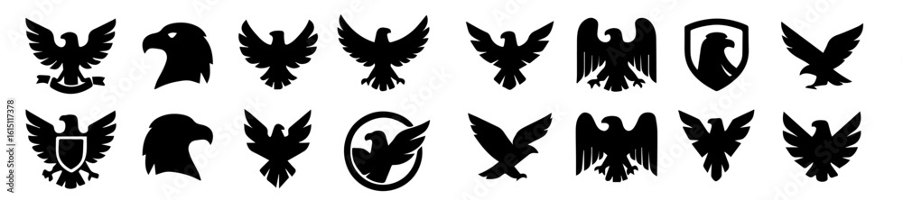 Obraz premium Set of Black Vector Eagle Emblem Silhouettes, High-Resolution Collection of Heraldic and Symbolic Bird Icons, Editable Formats: AI, EPS, JPG, PNG, Ideal for Both Digital and Print Use 