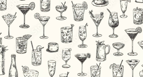 Vintage Cocktail Illustration Seamless Pattern for Bar Restaurant or Party Decor Beverages Alcohol and Artistic Drink Designs
