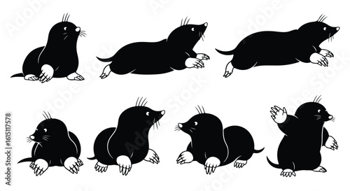 Silhouette vector set a collection of cute black moles in various poses, isolated on a white background