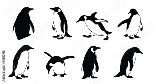 Silhouette vector set a collection of four distinct penguin illustrations showcasing various poses and movements